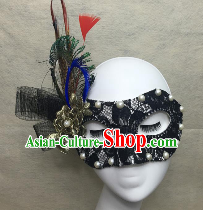 Handmade Rio Carnival Black Lace Face Mask Halloween Cosplay Show Feather Mask Costume Party Pearls Blinder Headpiece