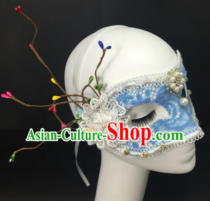 Handmade Costume Party Pearls Blinder Headpiece Rio Carnival Blue Lace Face Mask Halloween Cosplay Show Feather Mask