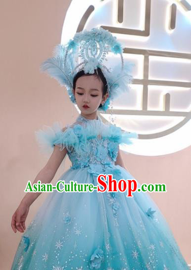 Custom Girl Princess Stage Show Clothing Brazil Parade Dance Blue Full Dress Children Catwalks Garment Costume and Feather Royal Crown