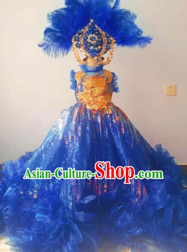 Custom Girl Princess Stage Show Embroidered Clothing Brazil Parade Blue Trailing Full Dress Children Catwalks Dance Garment Costume and Feather Headwear