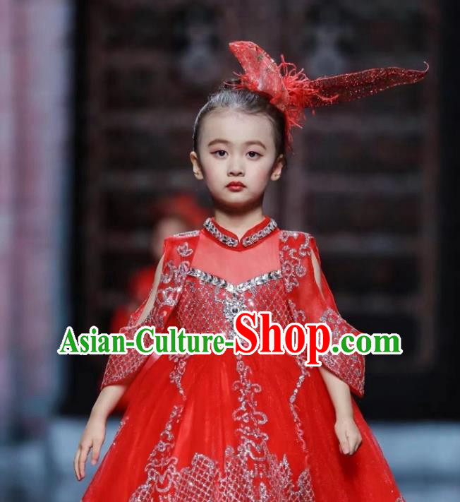 Custom Girl Princess Sequins Clothing Stage Show Red Full Dress Children Catwalks Dance Garment Costume