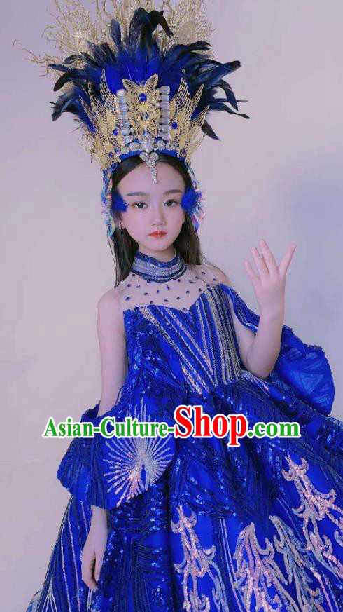 Top Brazil Parade Headdress Halloween Cosplay Hair Accessories Catwalks Blue Feather Royal Crown Baroque Top Hat