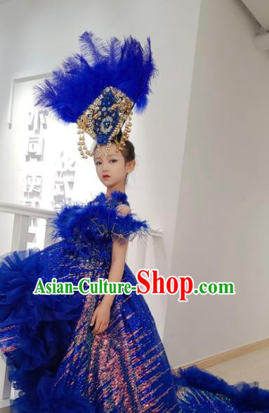 Customized Children Catwalks Garment Costume Girl Stage Show Clothing Brazil Parade Dance Royalblue Trailing Dress and Headdress