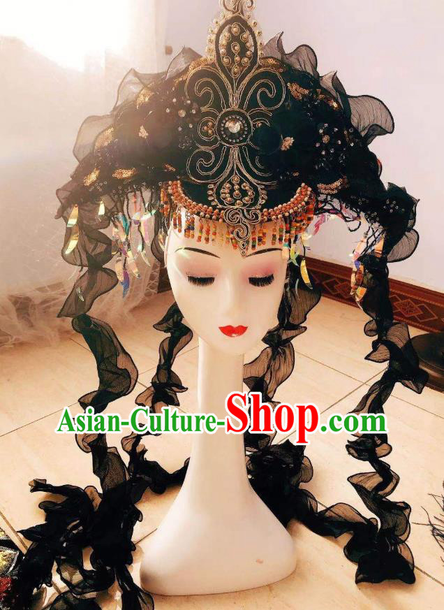 Top Catwalks Black Veil Tassel Royal Crown Baroque Princess Top Hat Brazil Parade Girl Headdress Halloween Cosplay Hair Accessories