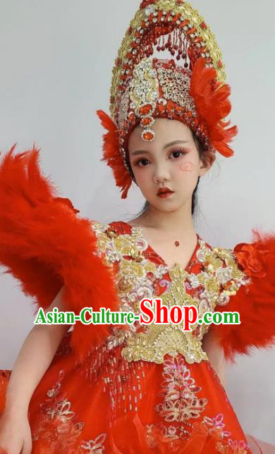 Customized Girl Stage Show Clothing Brazil Parade Dance Red Feather Trailing Full Dress Children Catwalks Garment Costume and Royal Crown