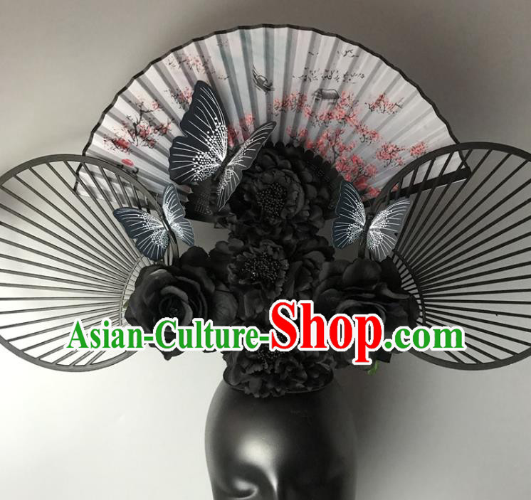Chinese Handmade Fashion Show Giant Black Flowers Hair Crown Traditional Stage Court Fan Top Hat Cheongsam Catwalks Deluxe Headwear
