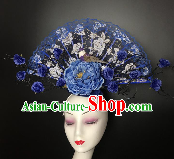 Chinese Cheongsam Catwalks Giant Headwear Handmade Fashion Show Blue Peony Hair Crown Traditional Stage Court Lace Fan Top Hat
