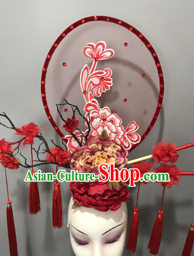 Chinese Cheongsam Catwalks Giant Headdress Handmade Fashion Show Tassel Hair Crown Traditional Stage Court Peony Flowers Top Hat