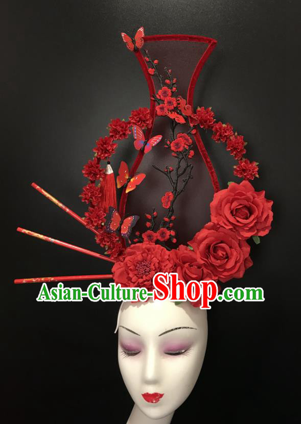 Chinese Traditional Stage Court Red Vase Top Hat Cheongsam Catwalks Giant Headdress Handmade Fashion Show Flowers Hair Crown