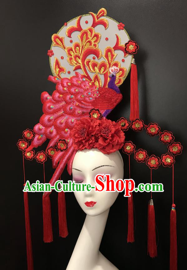 Chinese Cheongsam Catwalks Giant Headdress Handmade Fashion Show Red Peacock Hair Crown Traditional Stage Court Deluxe Top Hat