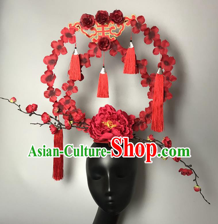 Chinese Traditional Stage Court Deluxe Top Hat Cheongsam Catwalks Giant Headdress Handmade Fashion Show Red Peony Hair Crown