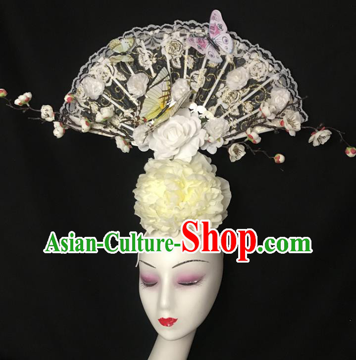 Chinese Cheongsam Catwalks Fashion Giant Headdress Handmade Stage Show Beige Peony Hair Crown Traditional Court Lace Fan Hair Clasp