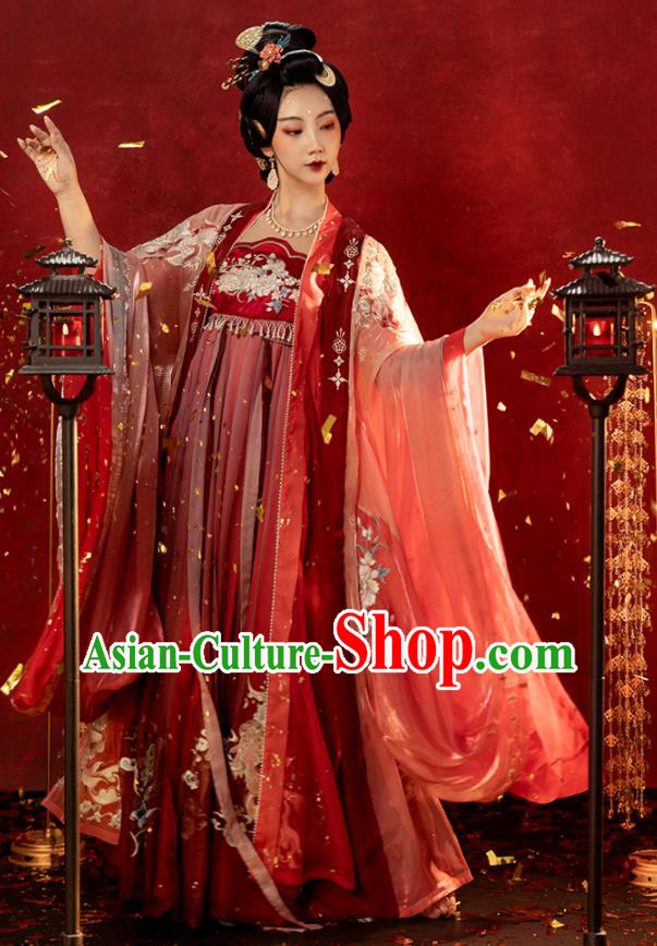 China Traditional Tang Dynasty Red Hanfu Dress Ancient Imperial Concubine Embroidered Historical Garments Clothing