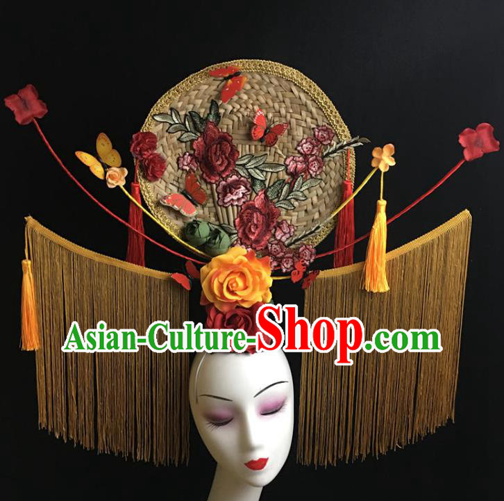 China Catwalks Deluxe Headdress Handmade Bride Fashion Headwear Qipao Show Rattan Fan Hair Crown Court Yellow Tassel Hair Clasp