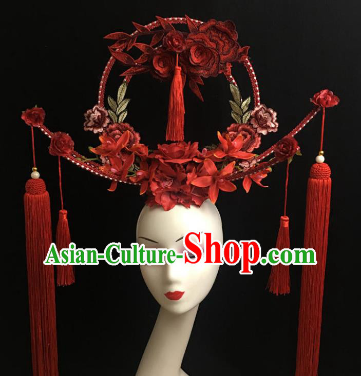 China Court Red Tassel Hair Clasp Catwalks Deluxe Headdress Handmade Bride Fashion Headwear Qipao Show Embroidered Red Peony Hair Crown