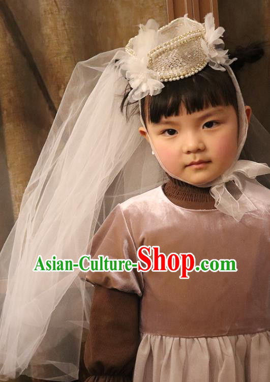 Professional Children Stage Performance Hair Accessories Christmas Day White Veil Headwear Girl Princess Pearls Royal Crown
