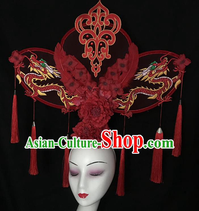 China Qipao Catwalks Bride Headdress Handmade Wedding Fashion Headwear Stage Show Red Peony Hair Crown Court Dragon Hair Clasp