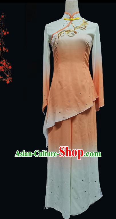 China Folk Dance Clothing Jiaozhou Yangko Group Dance Orange Uniforms Fan Dance Performance Garment Costume
