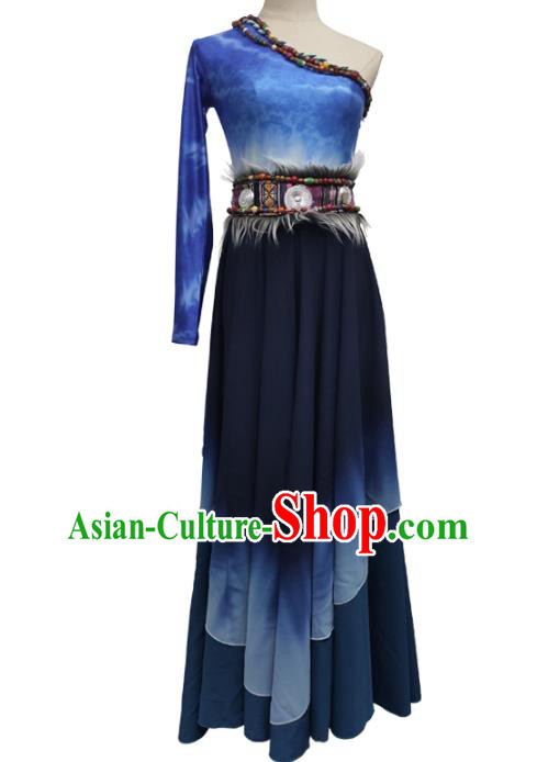 China Tibetan Dance Blue Dress Zang Nationality Folk Dance Clothing Ethnic Stage Performance Garments