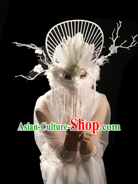 Handmade Halloween Cosplay Full Face Mask Costume Party Blinder Gothic White Feather Headpiece Brazil Carnival Tassel Mask