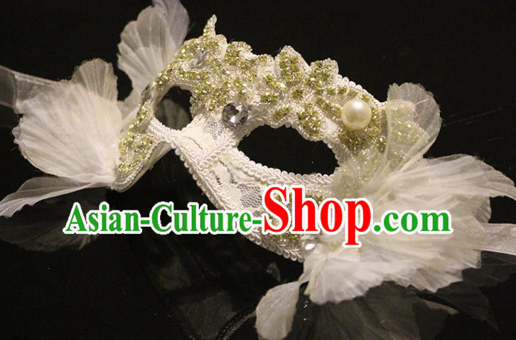 Handmade Brazil Carnival White Lace Mask Halloween Cosplay Sequins Face Mask Costume Party Gothic Princess Headpiece