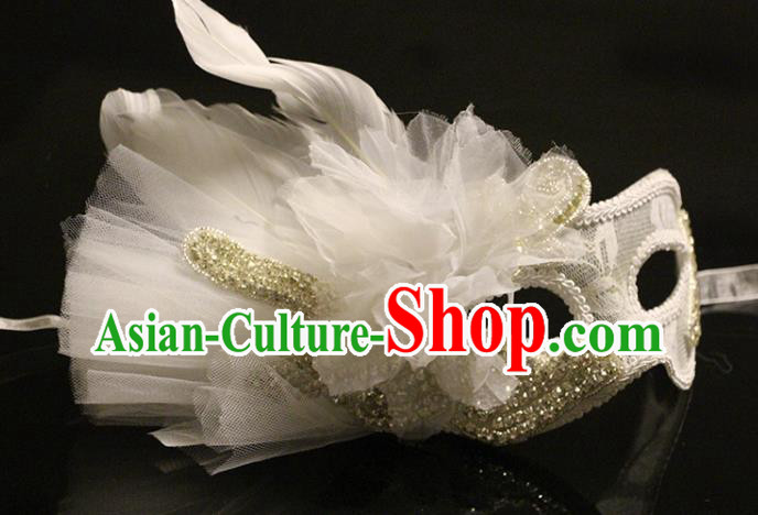 Handmade Costume Party Gothic Princess Headpiece Brazil Carnival White Lace Mask Halloween Cosplay Feather Face Mask