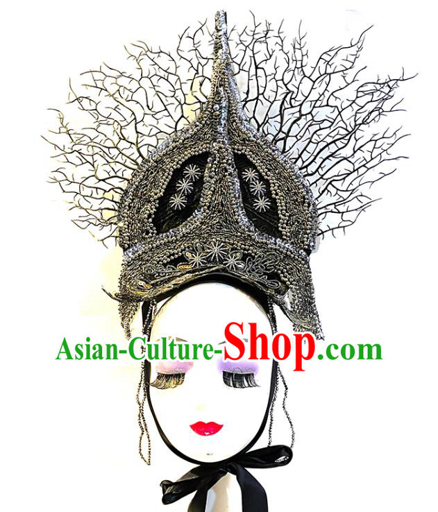 Top Halloween Catwalks Royal Crown Carnival Parade Headdress Baroque Queen Black Hat Cosplay Goddess Hair Accessories