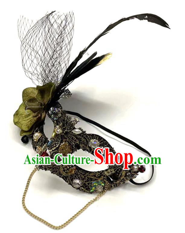 Handmade Costume Party Black Feather Blinder Gothic Queen Headpiece Brazil Carnival Mask Halloween Cosplay Crystal Face Mask