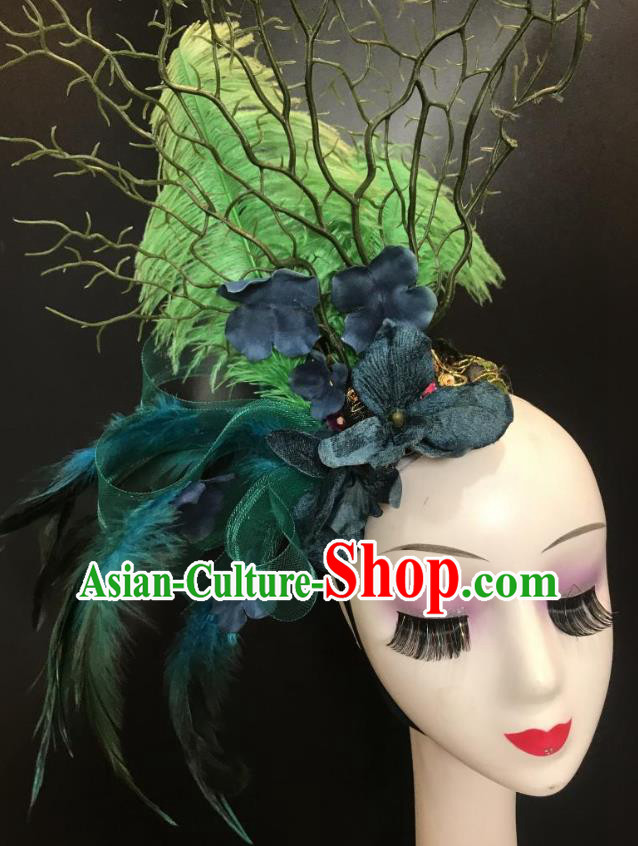 Top Carnival Parade Headdress Baroque Bride Hair Clasp Cosplay Princess Hair Accessories Halloween Catwalks Green Feather Royal Crown