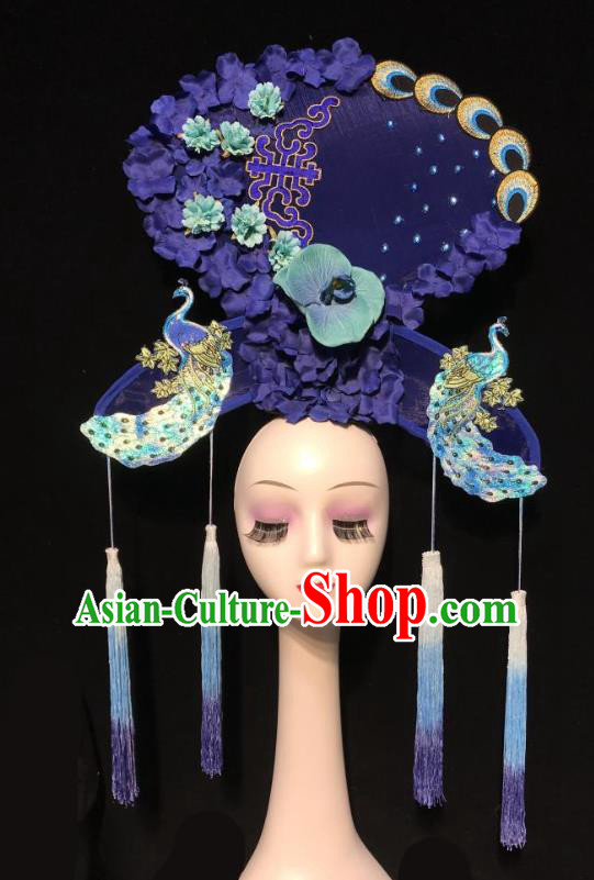 China Handmade Bride Fashion Headwear Qipao Show Peacock Hair Crown Court Purple Fan Hair Clasp Catwalks Deluxe Tassel Headdress