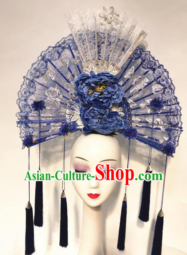 China Stage Show Tassel Hair Crown Court Blue Peony Fan Hair Clasp Qipao Catwalks Headdress Handmade Bride Lace Fashion Headwear