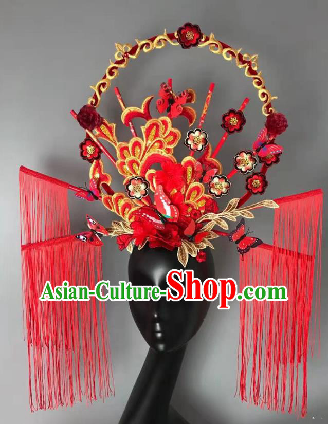 China Qipao Catwalks Tassel Headdress Handmade Bride Fashion Headwear Stage Show Embroidered Red Hair Crown Court Tassel Hair Clasp