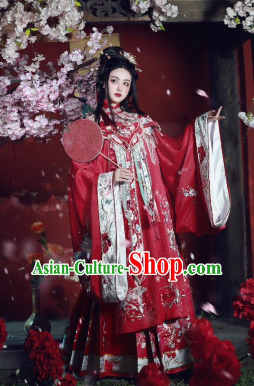 China Ancient Court Bride Embroidered Red Hanfu Dress Garments Traditional Ming Dynasty Princess Wedding Historical Clothing Complete Set