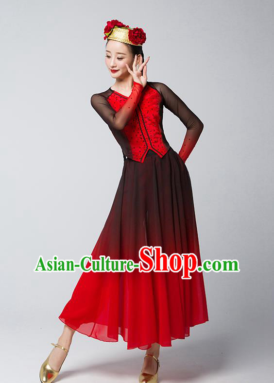 China Uygur Nationality Folk Dance Clothing Xinjiang Ethnic Stage Performance Garments Uyghur Dance Red Dress