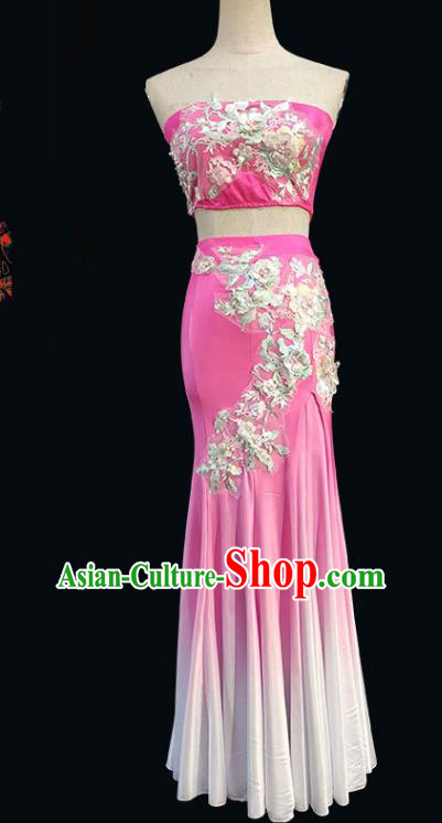 China Yunnan Ethnic Stage Performance Embroidered Garments Peacock Dance Pink Dress Dai Nationality Folk Dance Clothing