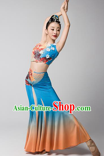 China Yunnan Ethnic Stage Performance Garments Peacock Dance Blue Dress Dai Nationality Folk Dance Clothing
