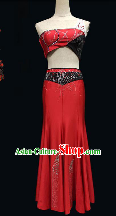 China Dai Nationality Folk Dance Clothing Yunnan Ethnic Stage Performance Garments Peacock Dance Red Dress