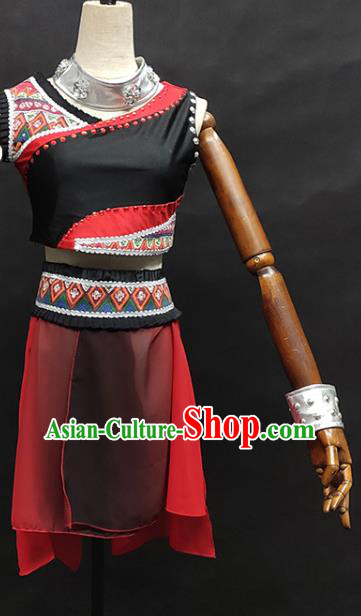 China Wa Nationality Dance Clothing Xiangxi Ethnic Stage Performance Garments Minority Folk Dance Red Dress