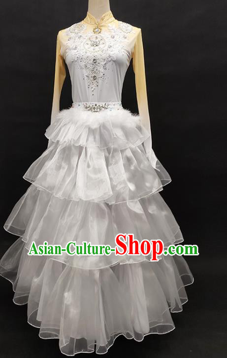 China Xinjiang Ethnic Stage Performance Garments Minority Folk Dance White Dress Kazakh Nationality Swan Dance Clothing