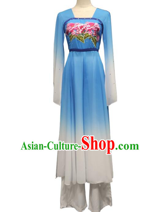 Top Chinese Classical Dance Blue Dress Woman Group Dance Garment Costume Traditional Fan Dance Stage Performance Clothing