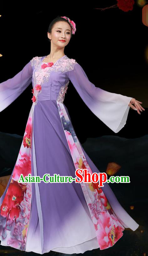 Top Chinese Woman Group Dance Garment Costume Traditional Umbrella Dance Stage Performance Clothing Classical Dance Purple Dress