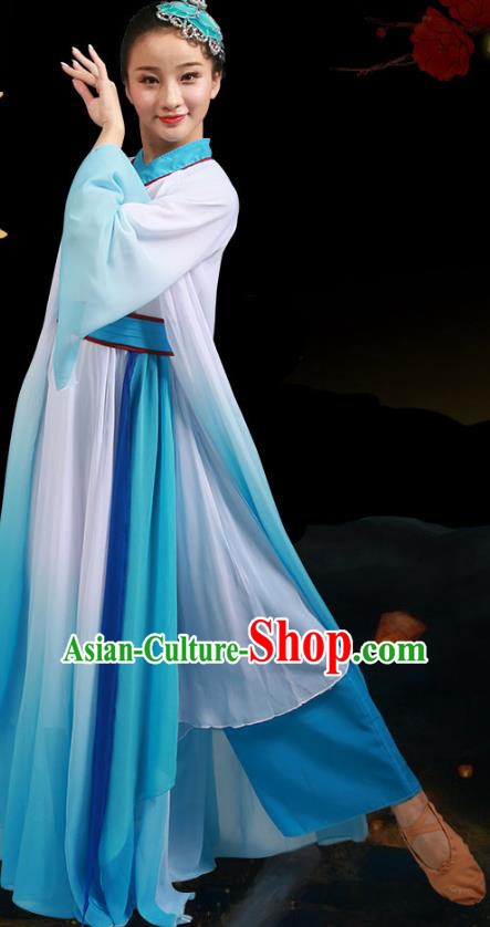 Top Chinese Woman Hanfu Dance Garment Costume Traditional Umbrella Dance Performance Clothing Classical Dance Blue Dress