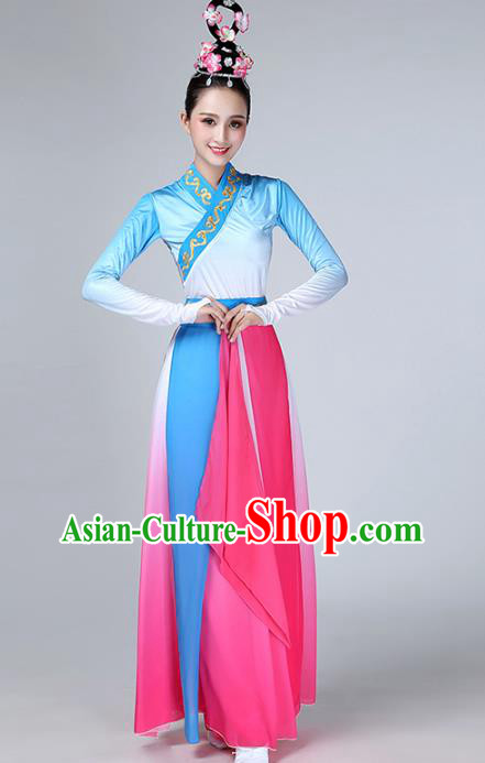 Top Chinese Woman Fan Dance Garment Costume Traditional Stage Performance Clothing Classical Umbrella Dance Blue Dress
