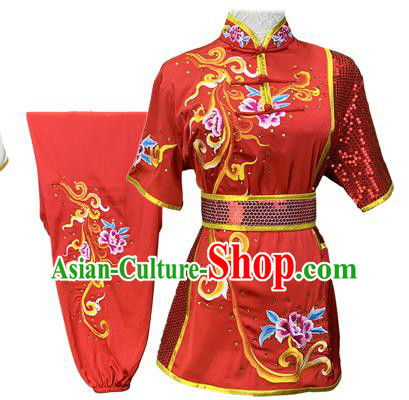 Chinese Kung Fu Garment Costumes Martial Arts Embroidered Peony Red Outfits Wushu Competition Clothing