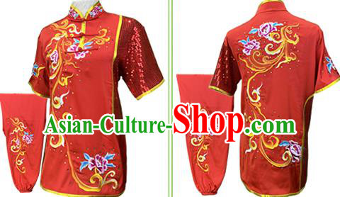Chinese Kung Fu Garment Costumes Martial Arts Embroidered Peony Red Outfits Wushu Competition Clothing