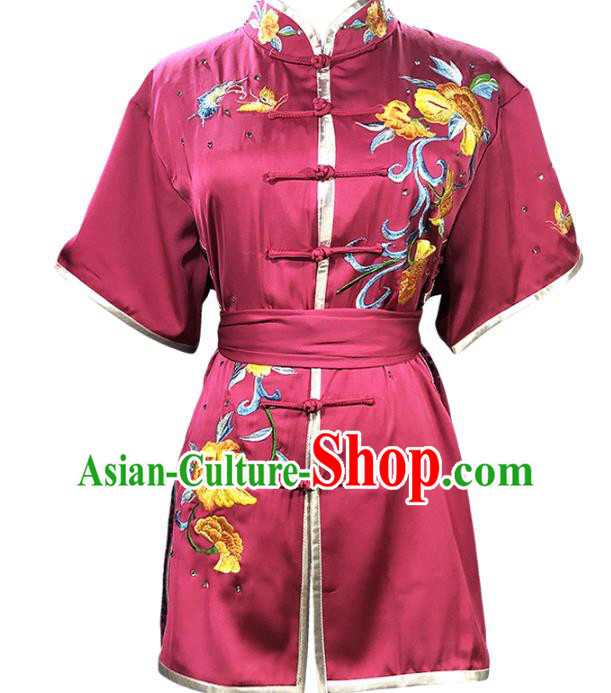 Chinese Wushu Competition Clothing Kung Fu Garment Costumes Martial Arts Embroidered Peony Magenta Outfits