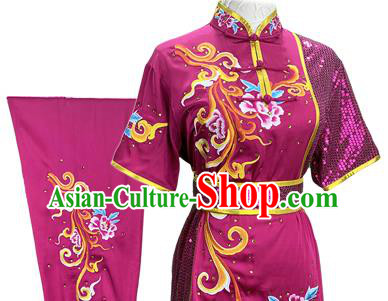 Chinese Kung Fu Garment Costumes Martial Arts Embroidered Peony Purple Outfits Wushu Competition Clothing