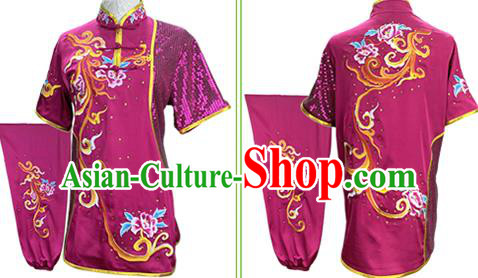 Chinese Kung Fu Garment Costumes Martial Arts Embroidered Peony Purple Outfits Wushu Competition Clothing