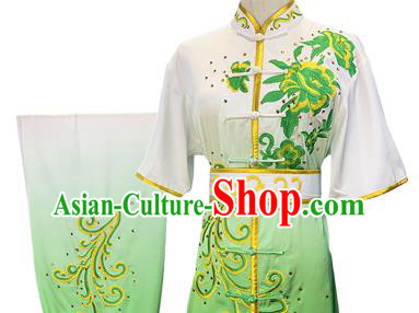 Chinese Martial Arts Embroidered Peony Gradient Green Outfits Wushu Kungfu Competition Clothing Kung Fu Garment Costumes