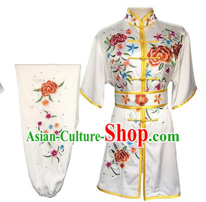Chinese Kungfu Competition Clothing Kung Fu Garment Costumes Martial Arts Wushu Embroidered Peony White Outfits